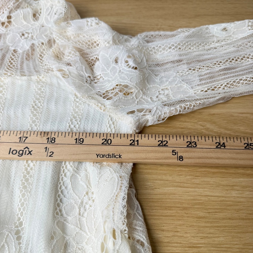 Womens Lace Lined Blouse 1X Cream 3/4 Sleeve Scallop Hem Keyhole Romantic Boho - Picture 5 of 10